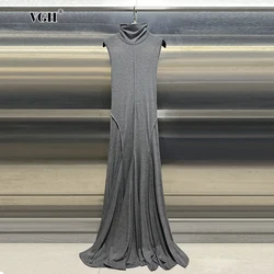 VGH Elegant Spliced Folds Backless Dresses For Women Turtleneck Sleeveless High Waist Temperament Slimming Long Dress Female New