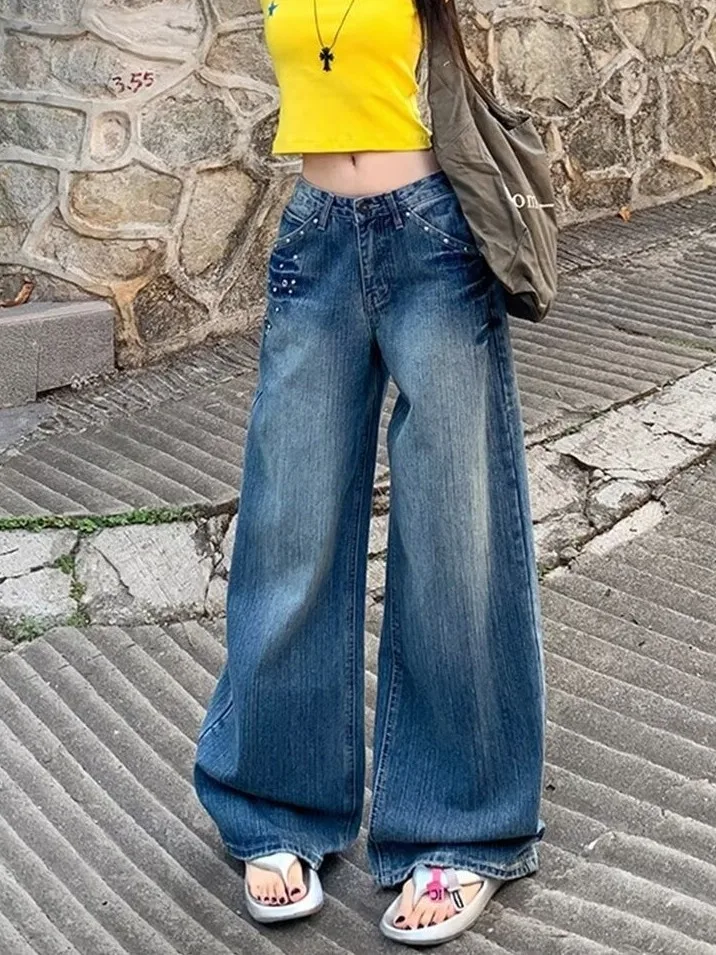Retro American Blue Lightning Pattern Rivet Jeans Women's plus Size Loose Slimming High Street Straight Leg Wide Leg Pants