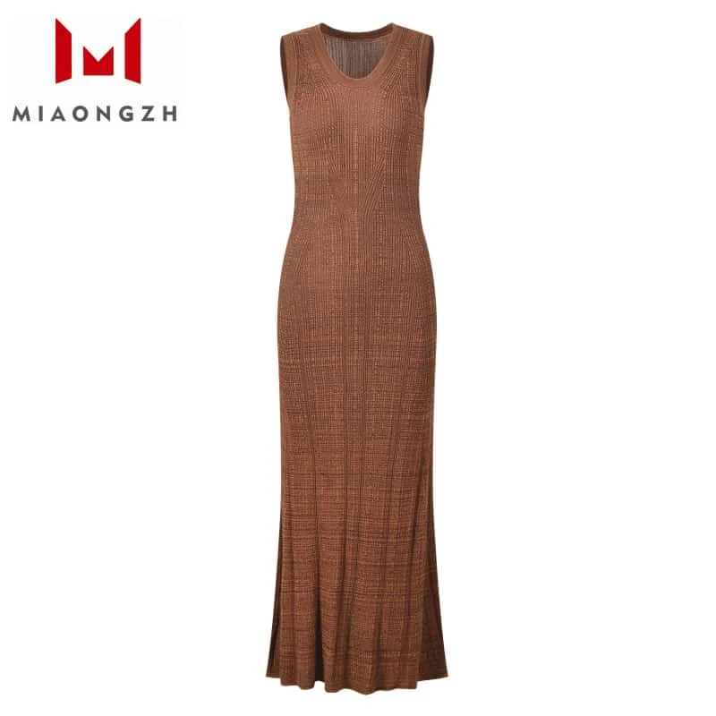

Slimming Color Color Back Hollow Out Long Dress For Women O Neck Temperament Sleeveless Female Fashion Party Dresses Vestidos