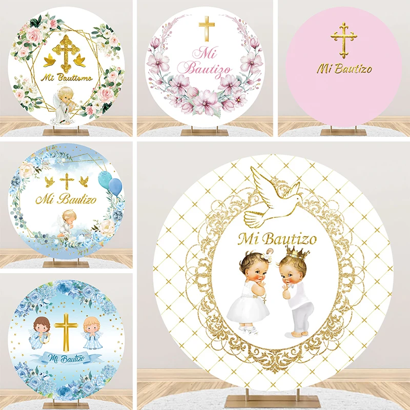 

Mi Bautizo Backdrop Round for Girl Christening Custom Pigeon Cross Angel Baby Boy Baptism Decorations Circle Background Cover