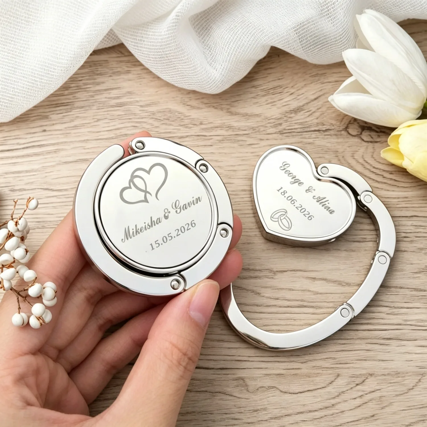 Personalisierte Hochzeitsgeschenke für Gäste, tragbar, modisch, faltbar, für Geldbörse, Handtasche, Tasche, Aufhänger, Hakenhalter, Tischhaken, multifunktional – Detail 6