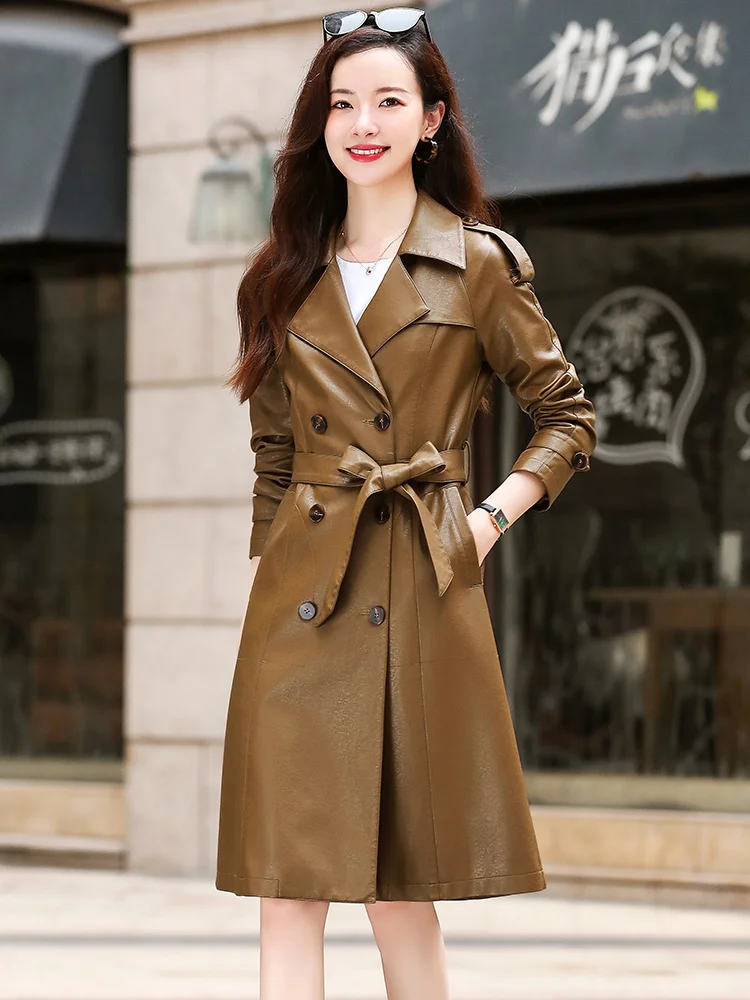 Trench New Women Leather Coat Spring Autumn 2023 Elegant Fashion Single Breasted Solid Slim Sheepskin Coat Leather Outerwear