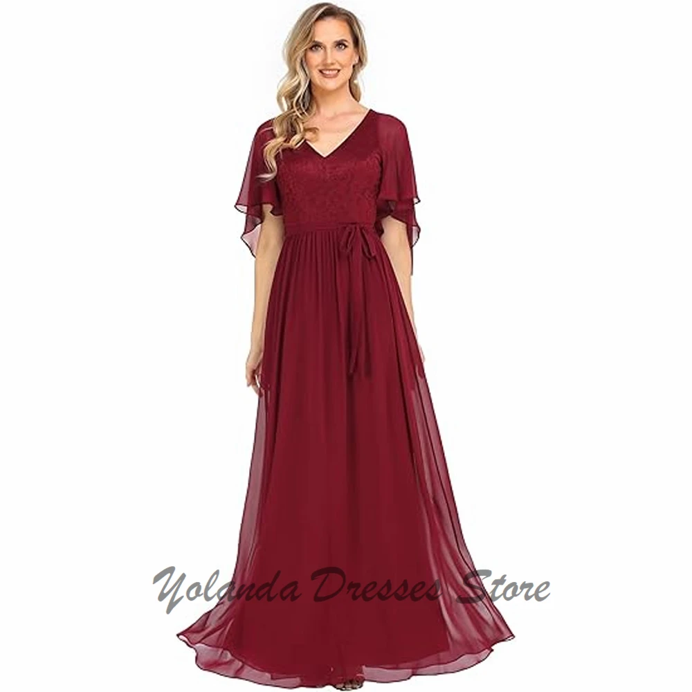 

Customized V Neck Mother of The Bride Dresses Lace Short Sleeves Formal Evening Gown Floor length Wedding Guest Dress Draped