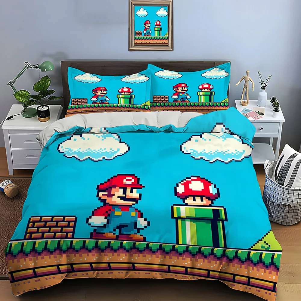 10 Sizes Super Mario Movie Print Bedding Set 3 Pieces Setting Bed King Size Pillowcase Adult Bed Cover Bedroom Bed Set for Gifts