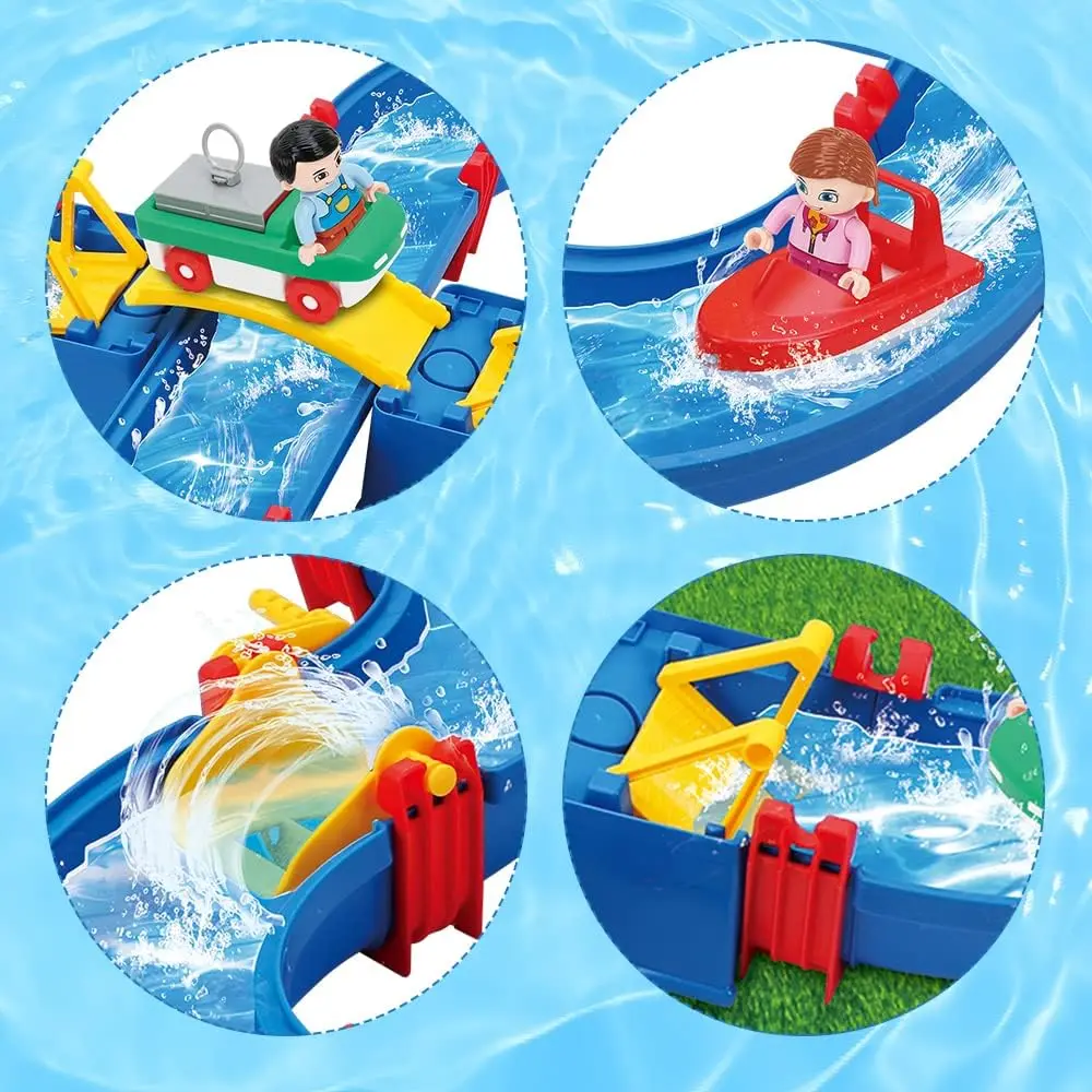 Conjunto de brinquedos para parque aquático infantil, 62 peças, presente de verão, corrediça de água dobrável diy, barco de desenho animado e acessórios de personagens, interação familiar/banheiro de piscina de praia