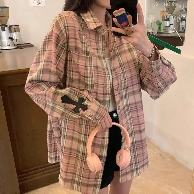 Plaid Shirt Pink Cross Button Up Blouses Female High Street Long Sleeve Tops Hippie Spring Oversize Streetwear Ins Women