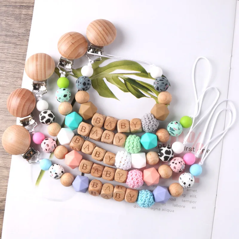 Customized Wood Pacifier Clip Beech Letter Beads Safe Teething Chain Personalized Name Baby Teether Dummy Clips Holder Toy Gift