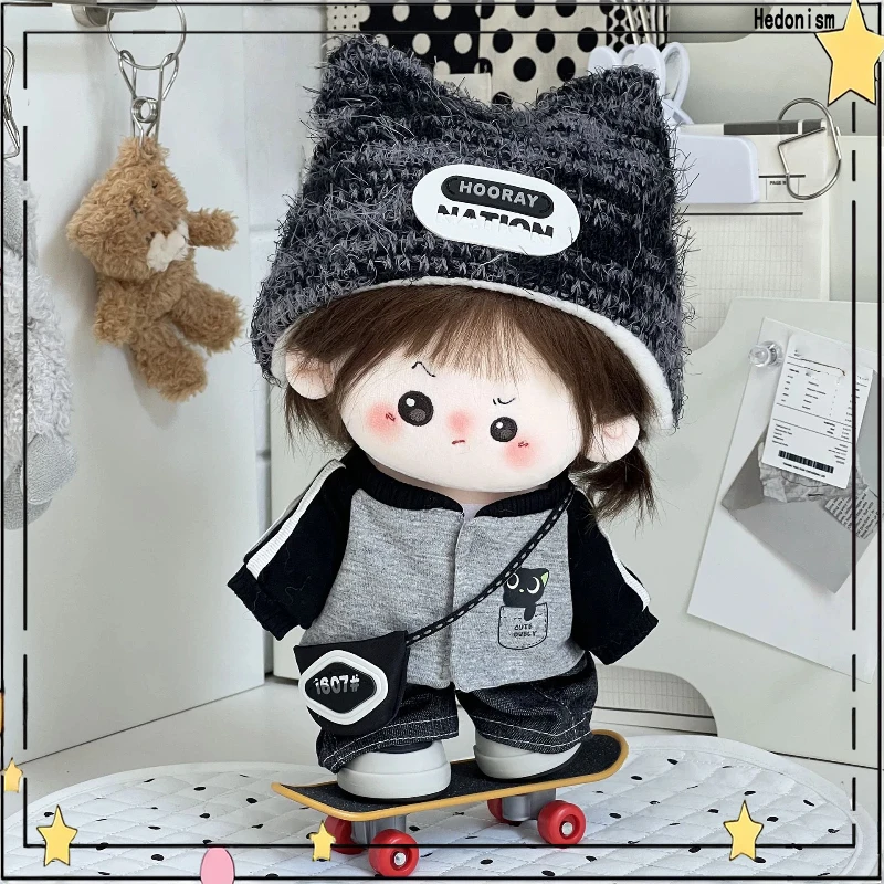 

Suitable for 20cm cotton doll clothes fashionable black gray cool street wear sports suit knitted hat top pants doll accessories