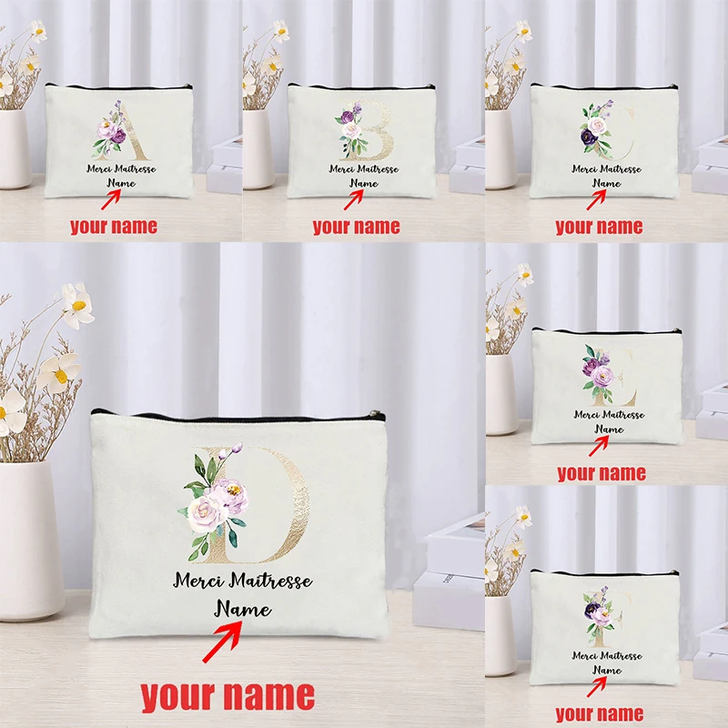 

Personalized with Name Thank You Teacher Makeup Bag Custom Flowers Patterns Monogrammed Custom Pouch Case Cosmetic Storage