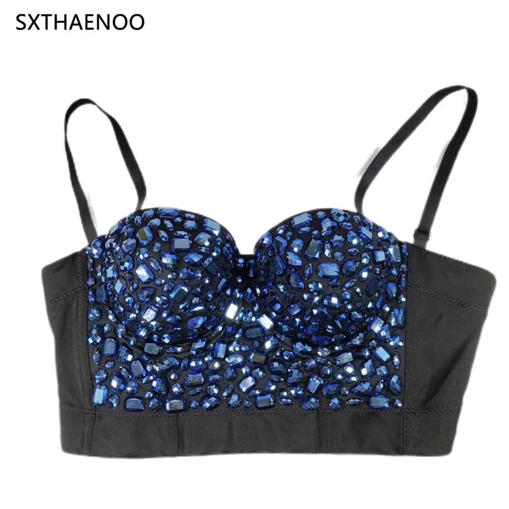 

SXTHAENOO 2024 Summer Blue Acrylic Women Sexy Short Waist Corset Bustier Night Club Party Fashion Crop Tops Bra Pad Tube Tanks