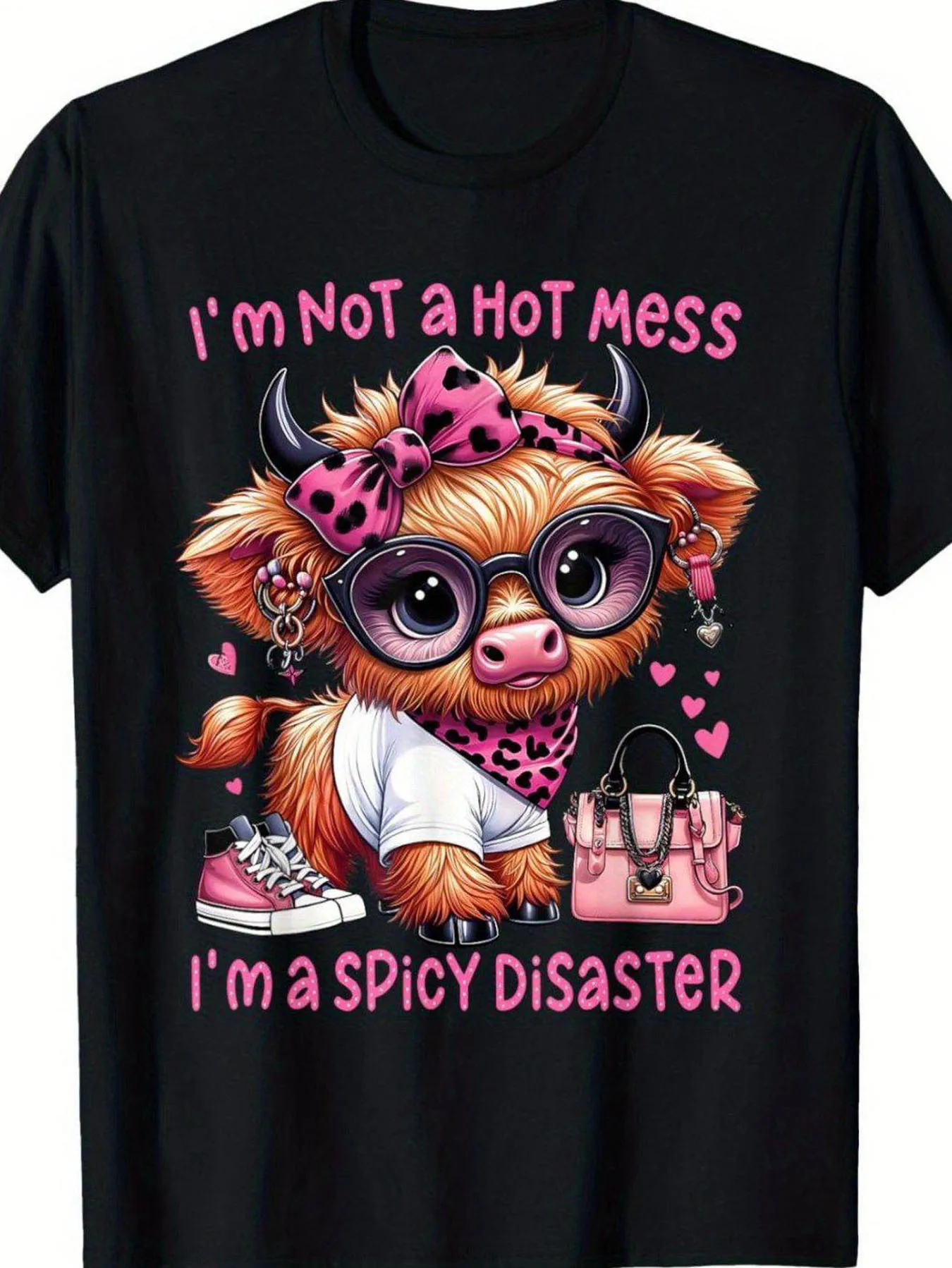 Women Cute Pink Highland Cow Letter Graphic Tshirt Leopard Bow Glasses Print Soft Lightweight Short Sleeve Crew Neck Casual Tees Hearts Design for Valentine Birthday Halloween Christmas Thanksgiving Holiday Daily Wear