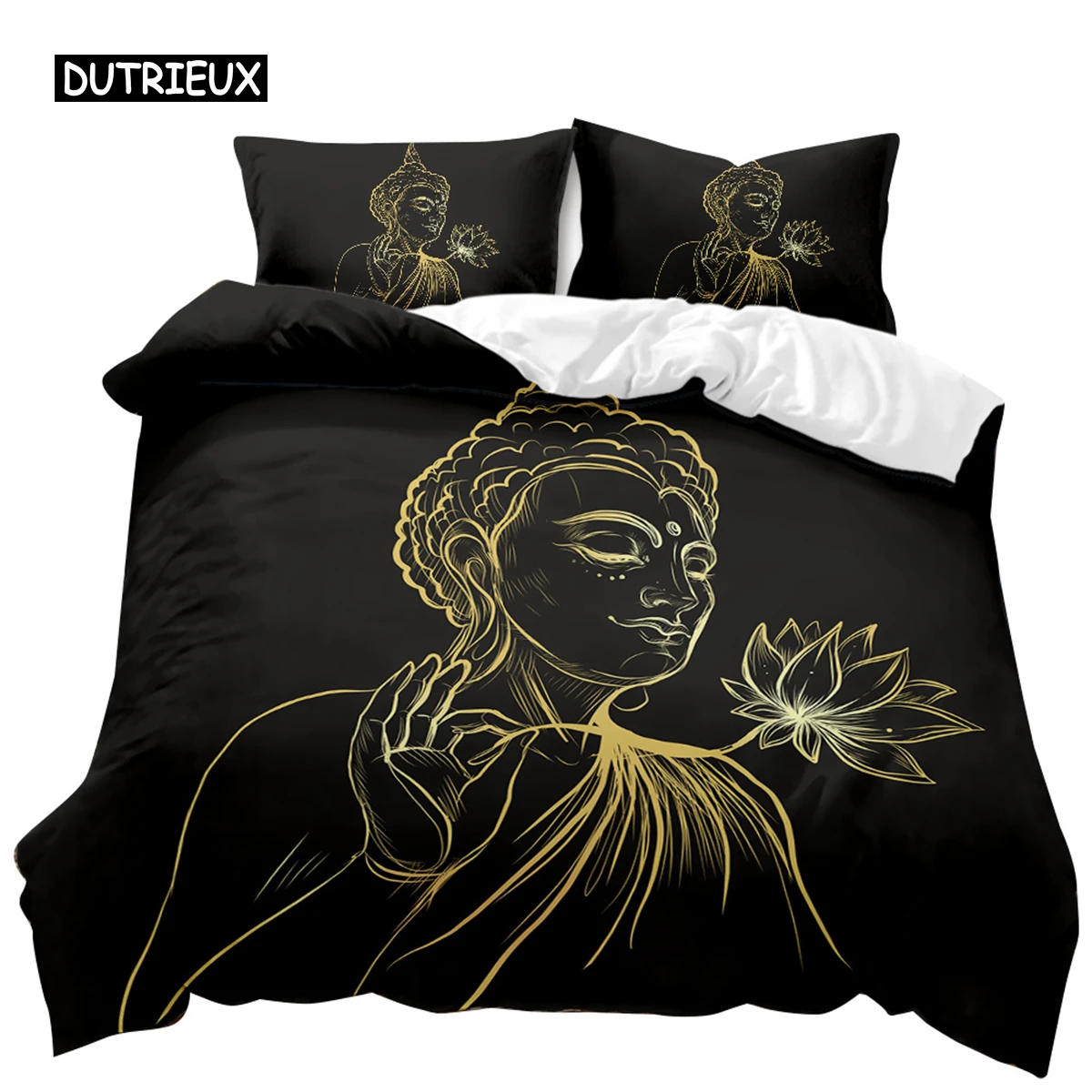 

Buddha Duvet Cover Set Exotic Ethnic Bohemian Golden Black Lotus Flowers Bedding Set Double Queen King Polyester Qulit Cover