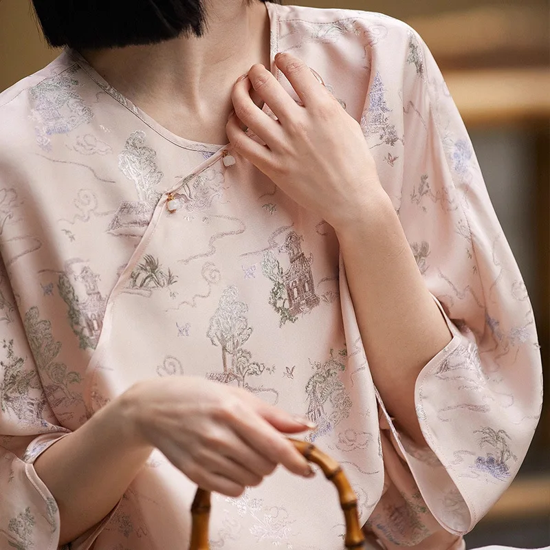 デザインセンス新しい中国シルクチャイナドレス小さなシャツハイエンド国民スタイル Tシャツ半袖ピンクブラウス女性の夏