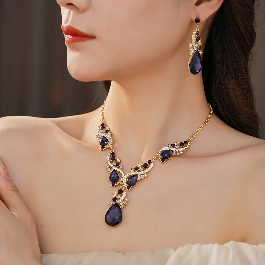 2 Pcs Purple Watre Drop Rhinestones Pendant Necklaces Vintage Palace Style Earring for Women Party Wedding Bride Jewelry Sets W