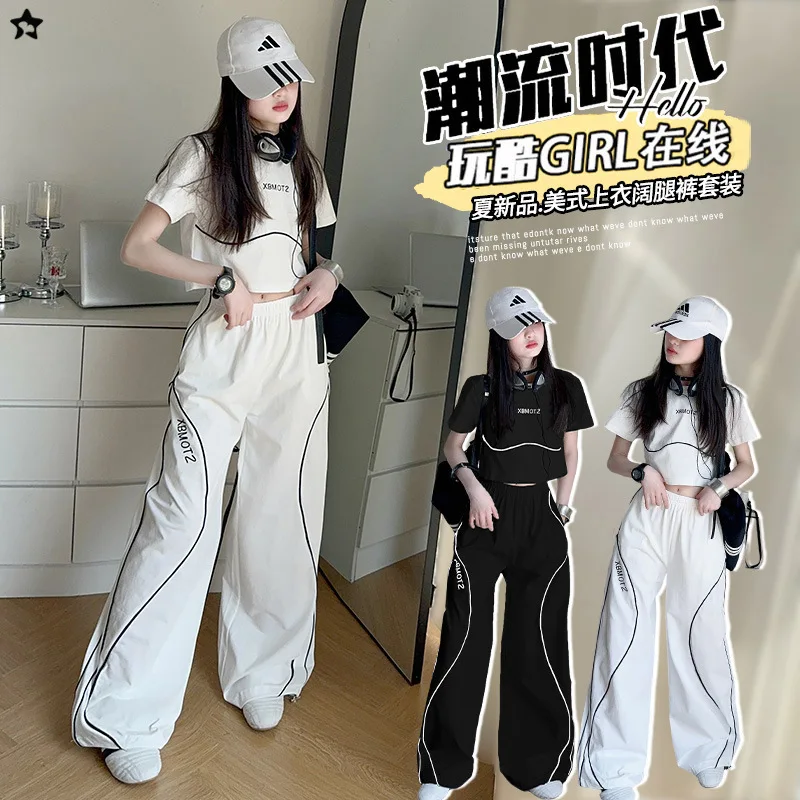 

Girls' Summer Set: Two-piece Sport Set with Short-sleeved Shirt and Wide-leg Pants, Suitable for 7-14 years old Teen Fashionista