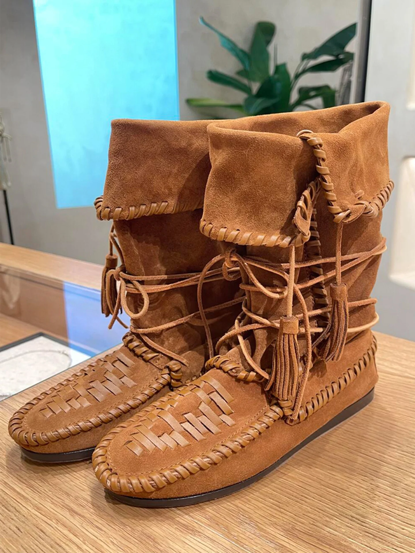 2026 New Retro Tassel Braid Wrapped Boxing Boots Genuine Leather All-Match Large Size Brown Booties Women's Trendy Fashion Boots