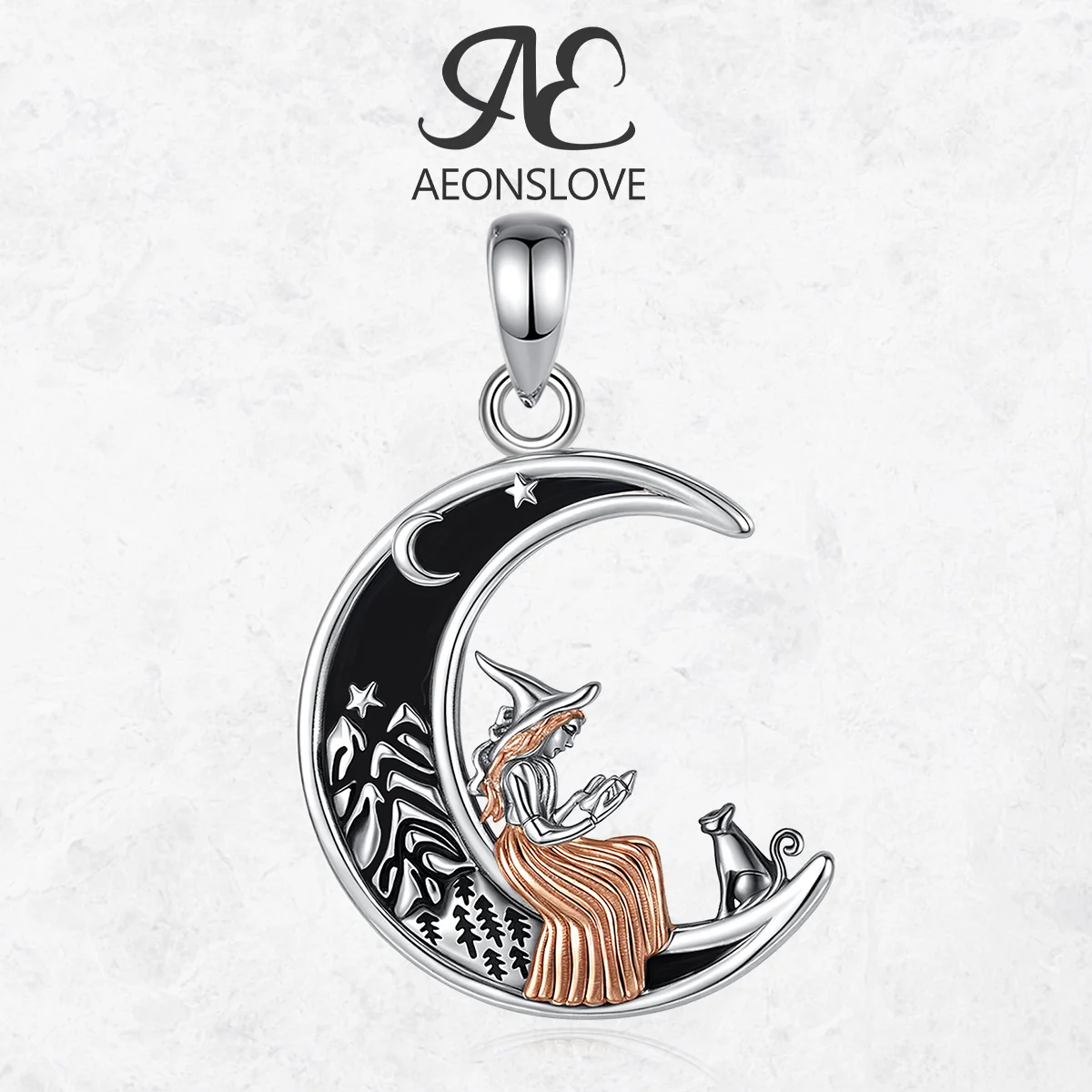 AEONSLOVE 925 Sterling Silver Crescent Moon Cat Witch Pendant Necklace for Women Wicca Pagan Jewelry Amulet Halloween Gifts