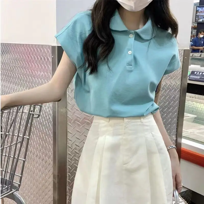 Polo Neckline Small Flying Sleeves Front Shoulder Short Sleeve T-shirt for Women in Summer Sweet Short Doll Shirt Chic Top