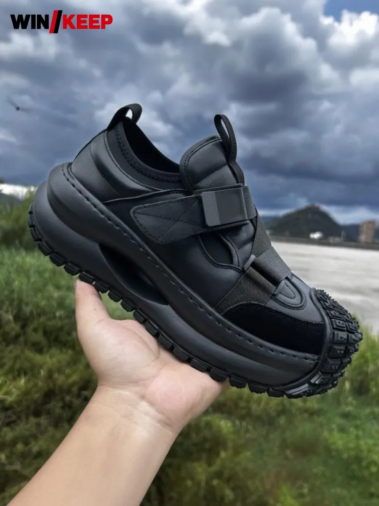 Mens Outdoor Platform Running Trainers Buckle Hook Loop Genuine Leather Sneakers Solid Color Comfortable Cushioning Sports Shoes