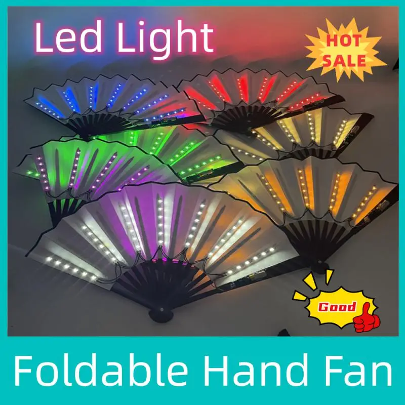 Foldable Hand Fan With Led Light Glowing Fluorescent Discoloration Fan For Night Performance Dj Bar Club Room Party Decoration