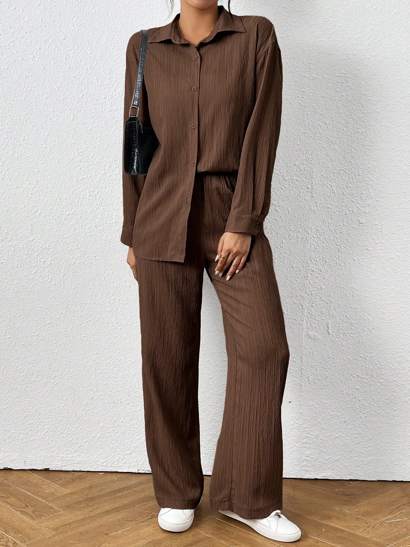 

Brown Solid Color Button Up Shirt And Wide Leg Pants 2 Piece Set