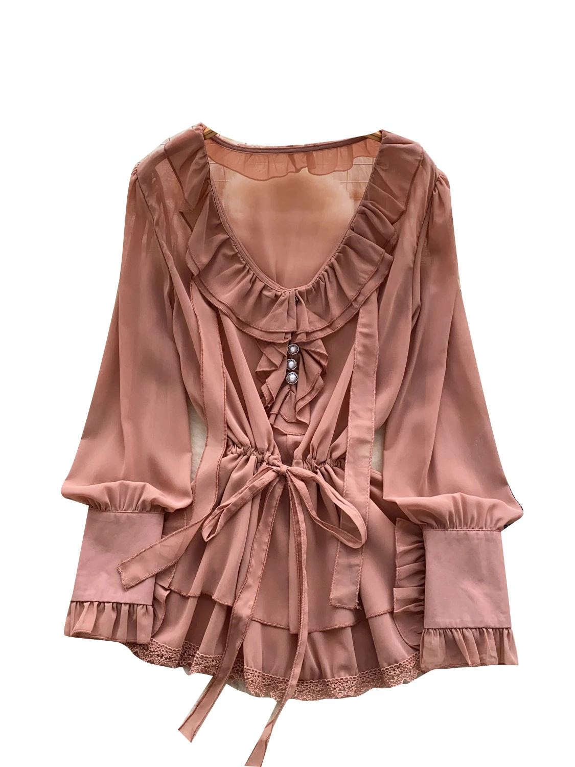 Court Sle V-Ne مطرز طويل Sve irt المرأة رقيقة الشيفون irt الخصر cinched جرس Sve الربط موسم الخريف