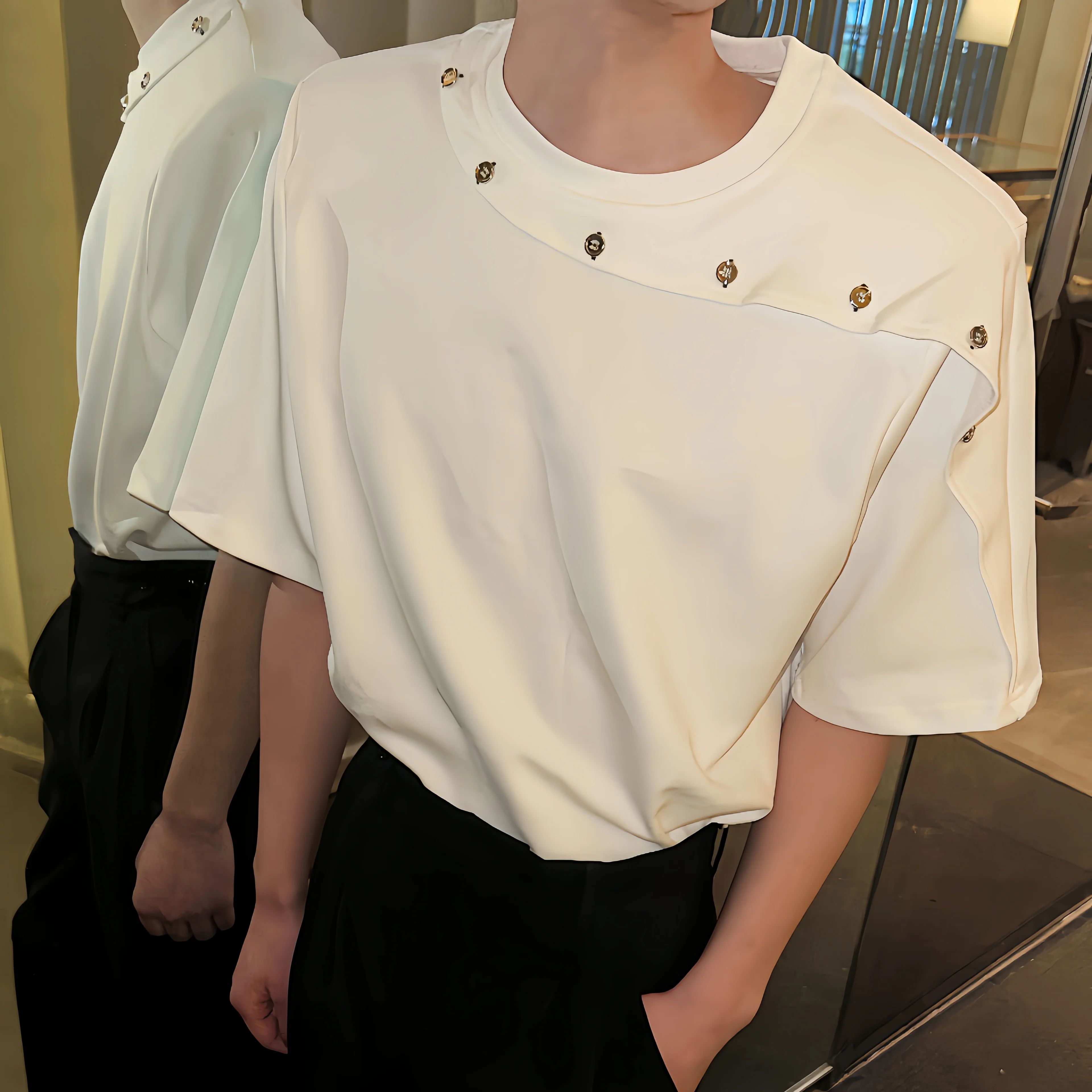 Korean Version of Loose Simple Shoulder Pad Short-sleeved Black T-shirt Men Summer Casual Versatile PulloverYY22