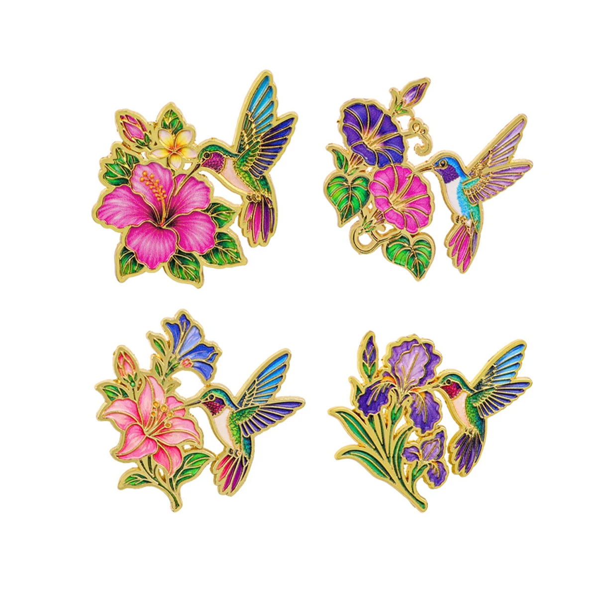 4-teiliges Kolibri-Blumen-Emaille-Pin-Set, niedliche Vogelbrosche für Mantel, Damenbroschen, Kragen- und Reversnadeln, Metallabzeichen, Schmuckgeschenk – Detail 1