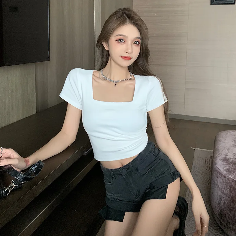 

Summer 2025 Women's Slim Fit Square Collar Short Sleeve High Waist Crop Top Base Shirt Upper Apparel Navel Commute Style
