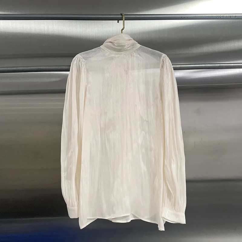 KBQ Franse stijl effen losse elegante blouse voor dames ronde hals lange mouw herfst temperament lace-up casual shirts vrouwelijk nieuw