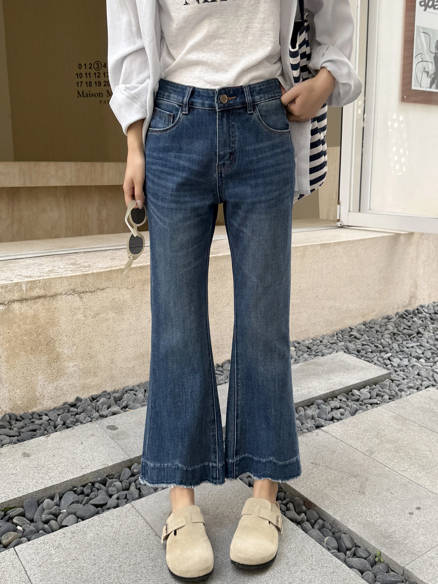 

Slimming High Waist Bell Bottom Jeans Women's Straight Leg Denim Pants Spring Season Breathable Comfortable Cotton Blue Jeans