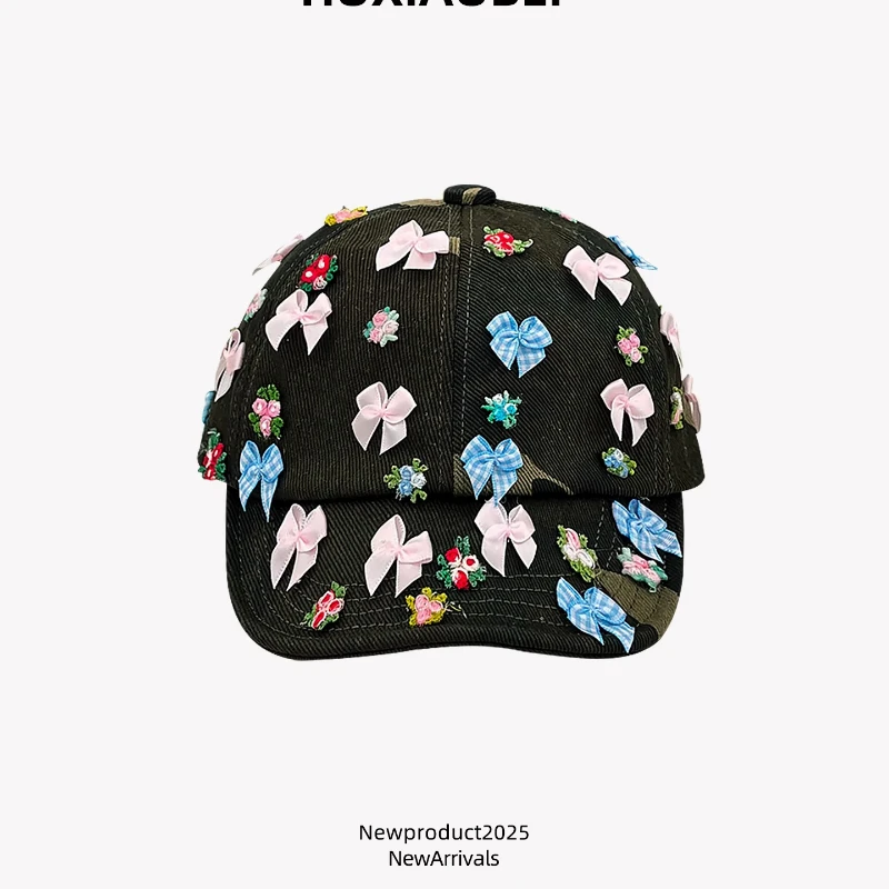 

Korean Niche Bow Flower Design Camouflage Short Brim Baseball Cap Women Spring and Autumn Trend Sunshade Adjustable Hip-hop Hat