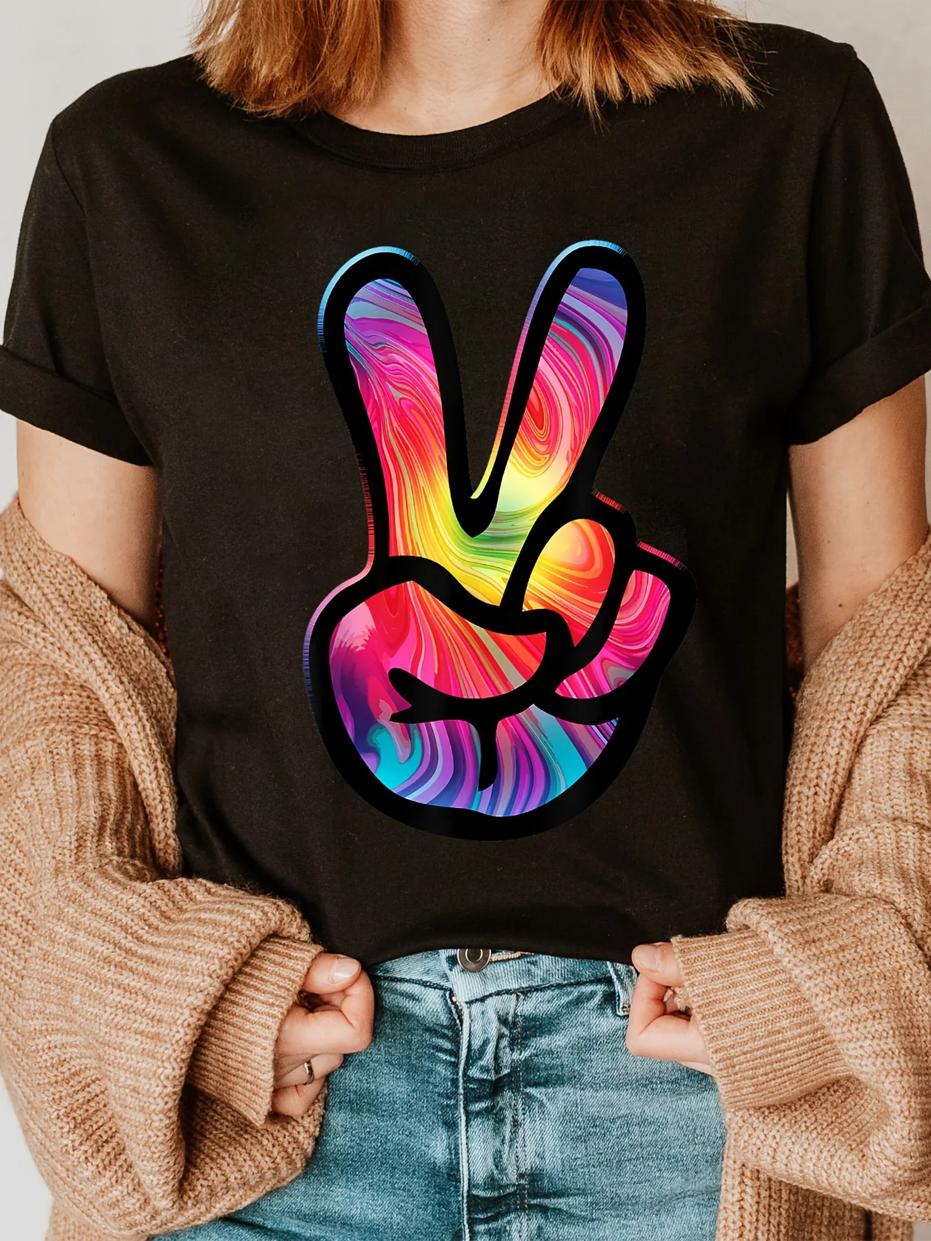 Women Crew Neck Tee Colorful Tie Dye Peace Sign Hand Graphic Print Short Sleeve Loose Ladies Cotton Plus Size Casual Top