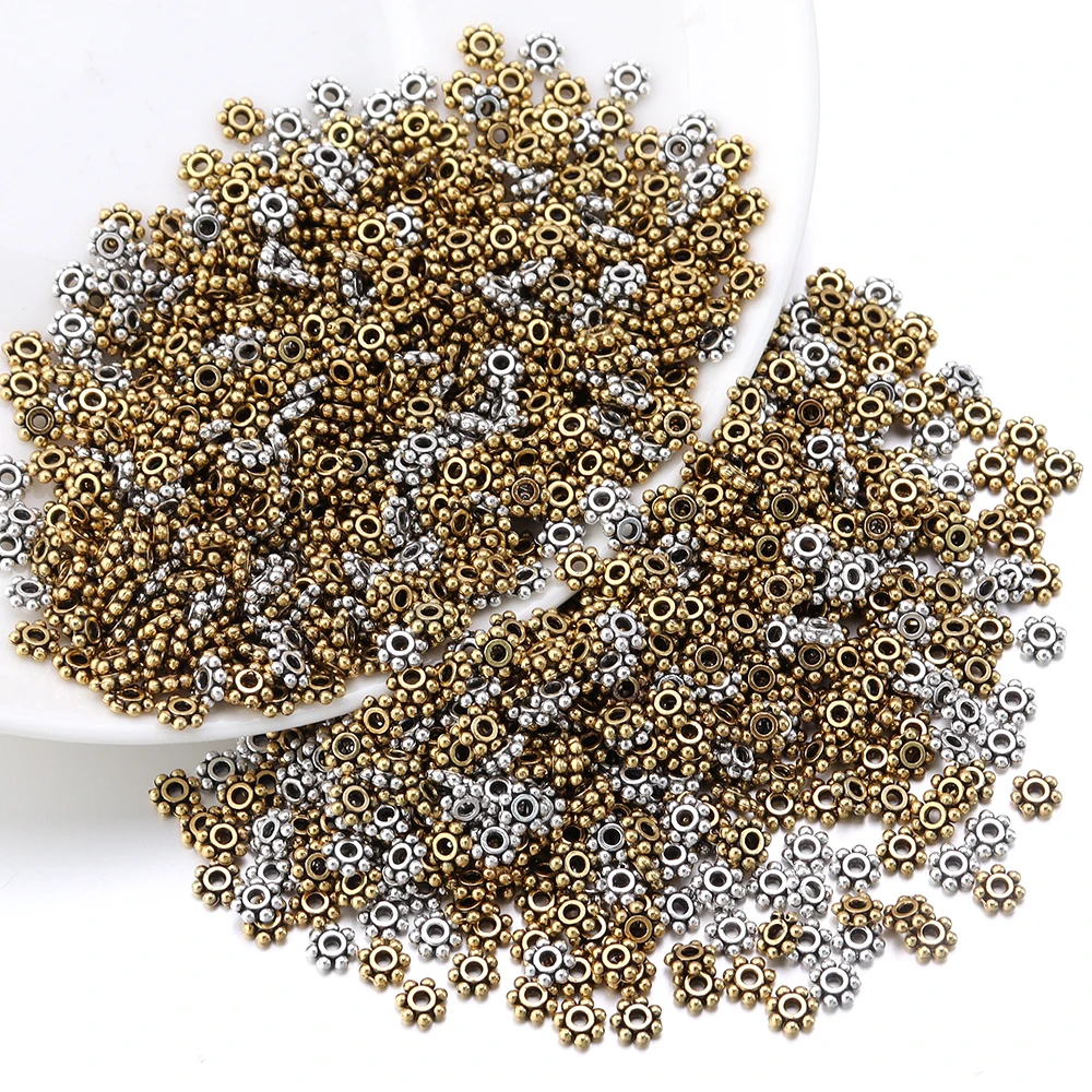 200pcs/Lot 4mm Antique Gold/Silver Color Small Snowflake Spacer Beads Metal Flat Beads for Jewelry Making DIY Bracelets Necklace