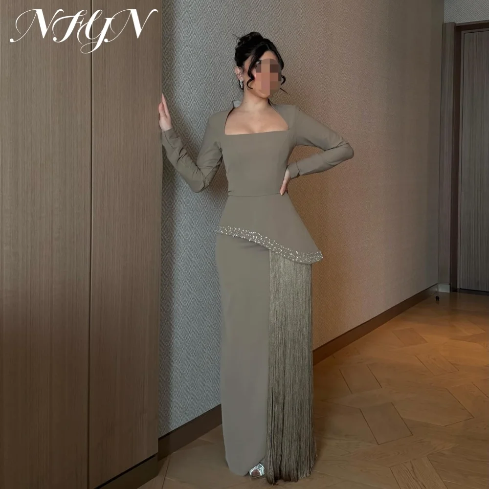 NFYN Chic Women Taupe Rhinestone Prom Dress Square Neck Long Sleeve Evening Gown Peplum Fringe Slit Gala Party Dress Customized