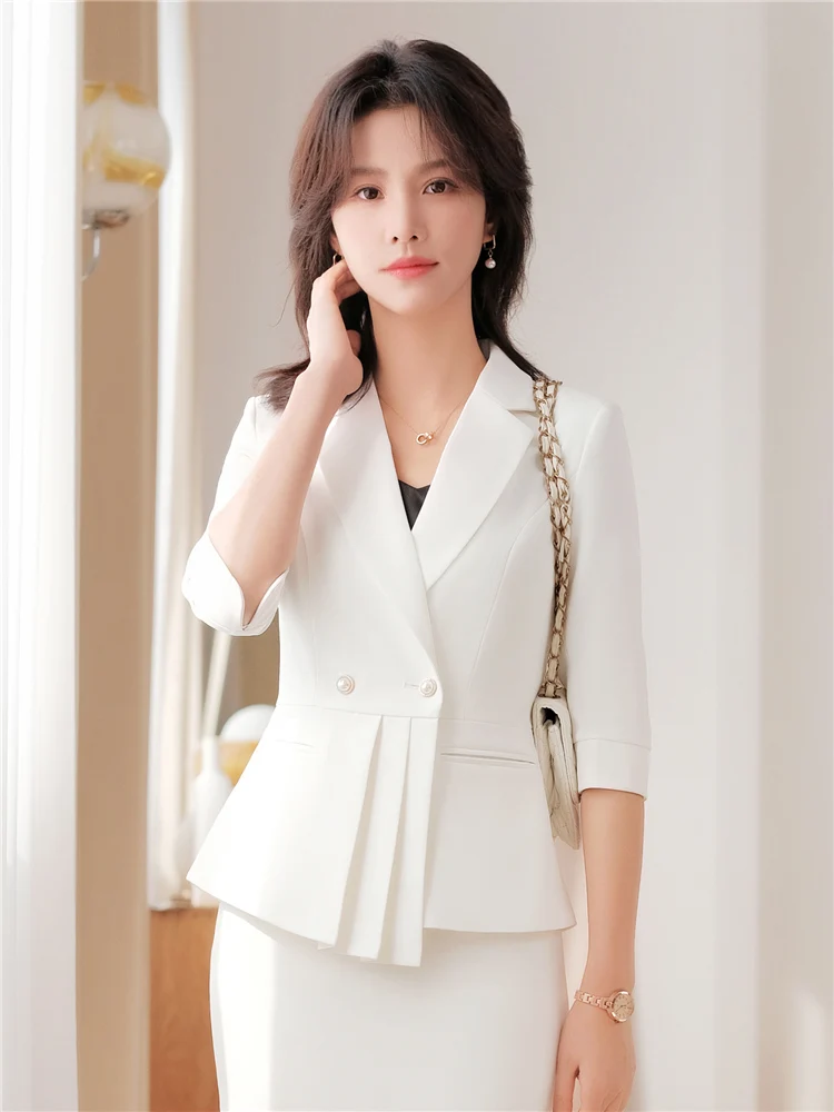 Summer Women\'s  Office Ladies Half Sleeve business attire Blazer Yellow White Double Breasted Thin Coat Female Oversize5XL