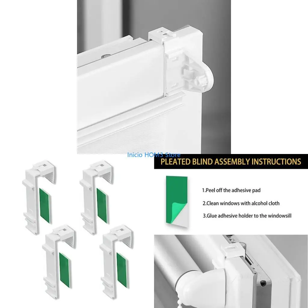 A5YD 4 Set Clamp Holders for Roller Blind Window Shade Curtain Fixing Brackets with Adhesive Back No Drilling Required
