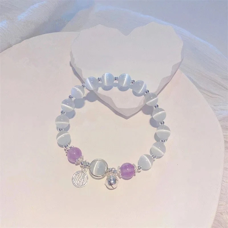 Pulseira frisada com imitação de Moonstone para mulheres, corrente de pulso, jóias para namorada, charme fashion, olho de gato, romance, moda