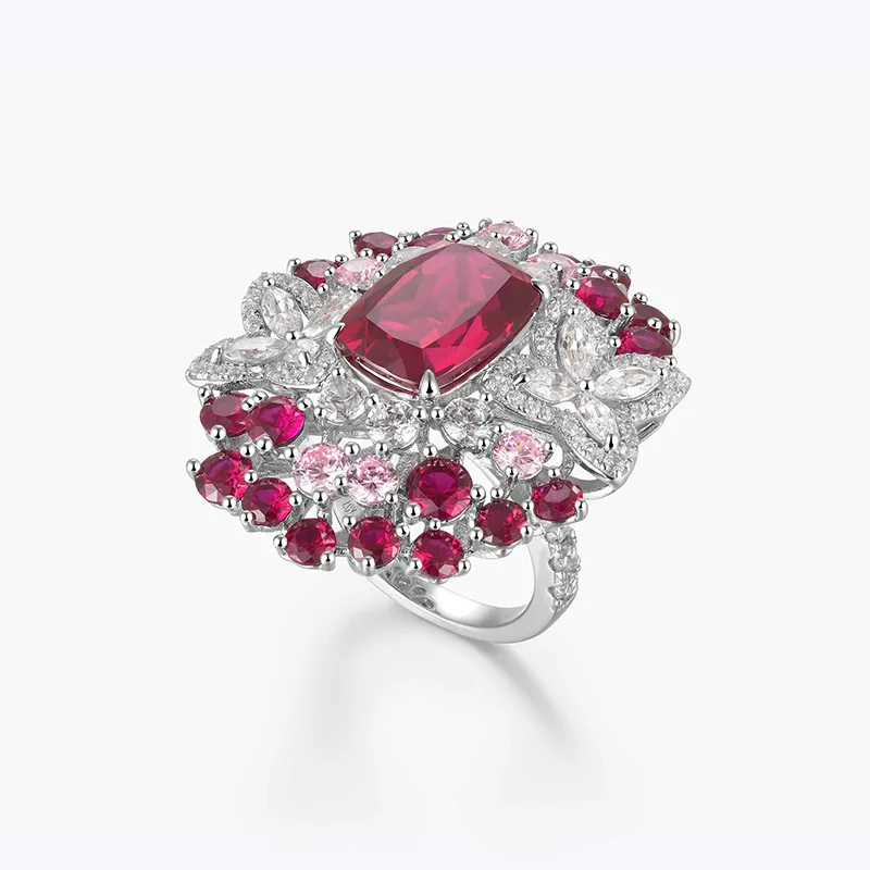 925 Sterling Silver Pigeon Blood Red Ruby Ring for Women Luxury Flower Cluster Pink Sparkling Moissanite Party Fine Jewelry Gift