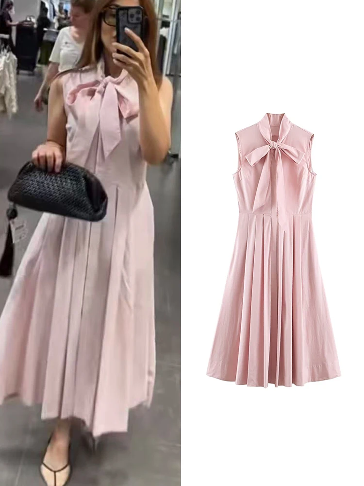 2026 New Women's Pink Sleeveless Shirt Dress Bow Tie Neck High Waist Pleated Midi A Line Dress Elegant Simple Lady Outfit