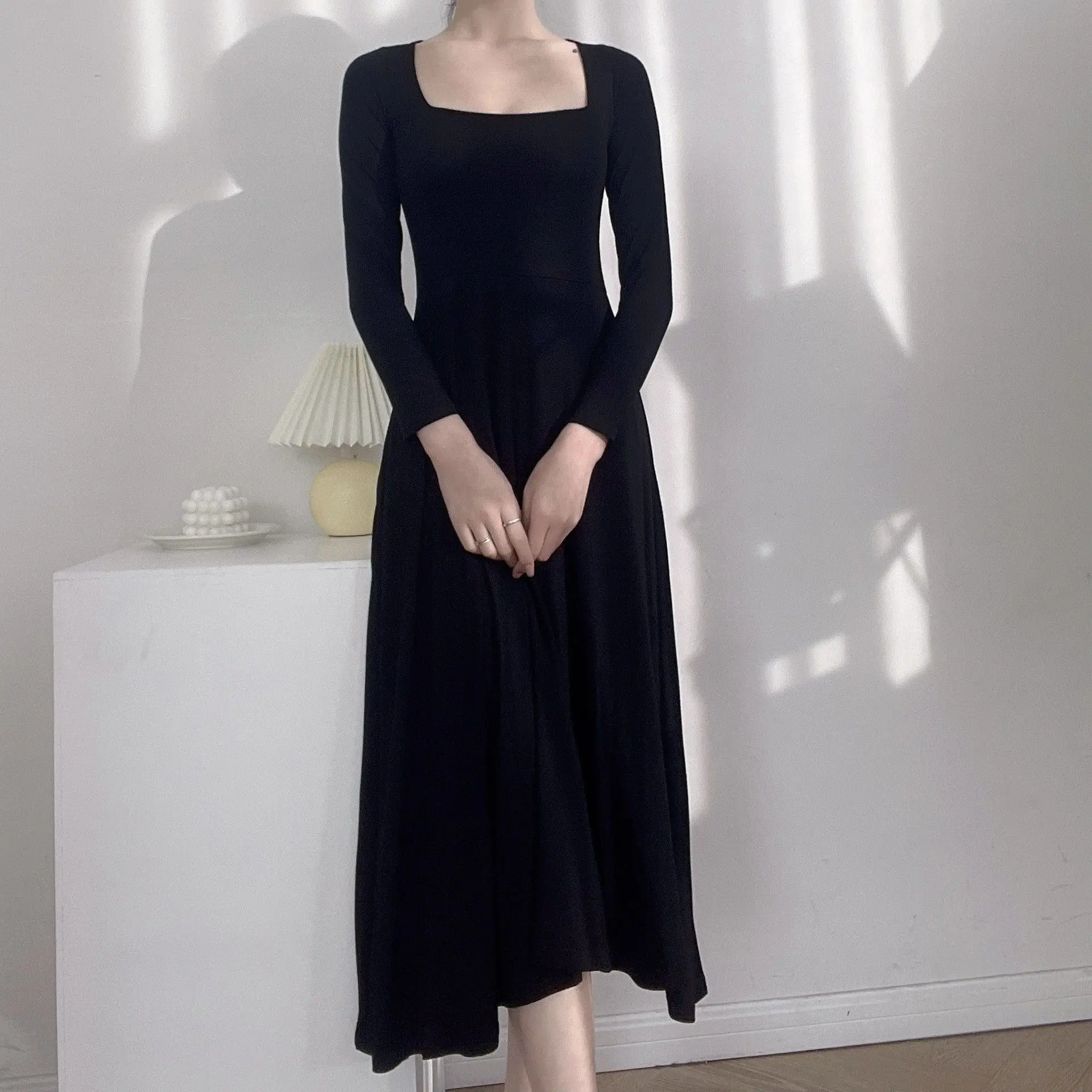 Retro dupla camada quadrada ne dr algodão longo sve doce sle busin casa wear fino ajuste primavera verão outono