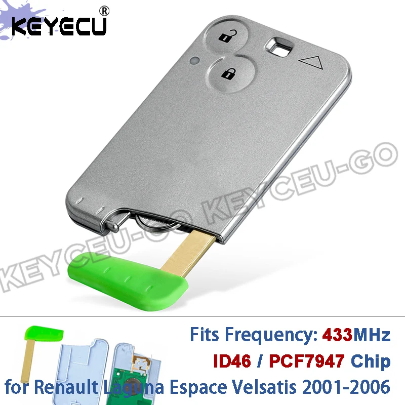 KEYECU 433MHz ID46 (PCF7926) Chip PCF7947 2 Button Smart Card Remote Key Fob for Renault Laguna Espace Vel-Satis 2001-2006