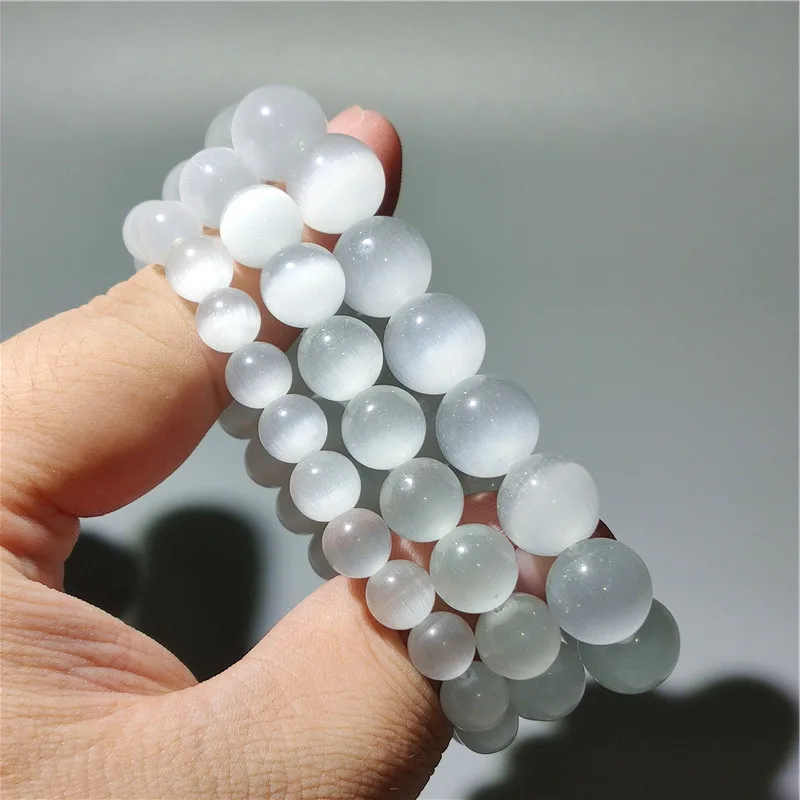100% Natural White Cat Eyes Stone Bracelet Women 6/8/10mm Smooth Beaded Braslet Gifts For Lovers Moonstone Braclet