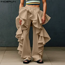 INCERUN 2025 American Style Stylish Trousers Men's Multi-layer Ruffle Edge Design Pants Casual Clubwear Solid Wide Leg Pantalons