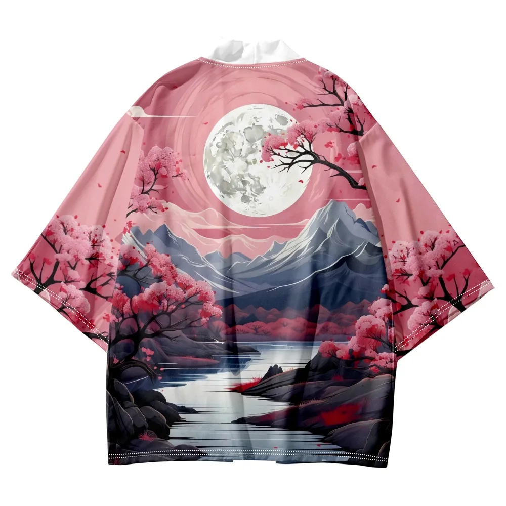 Pink Print Vintage Style Cardigan Haori Shirts Women Men Cosplay Yukata Clothing Harajuku Kimono Plus Size 6XL 5XL 4XL