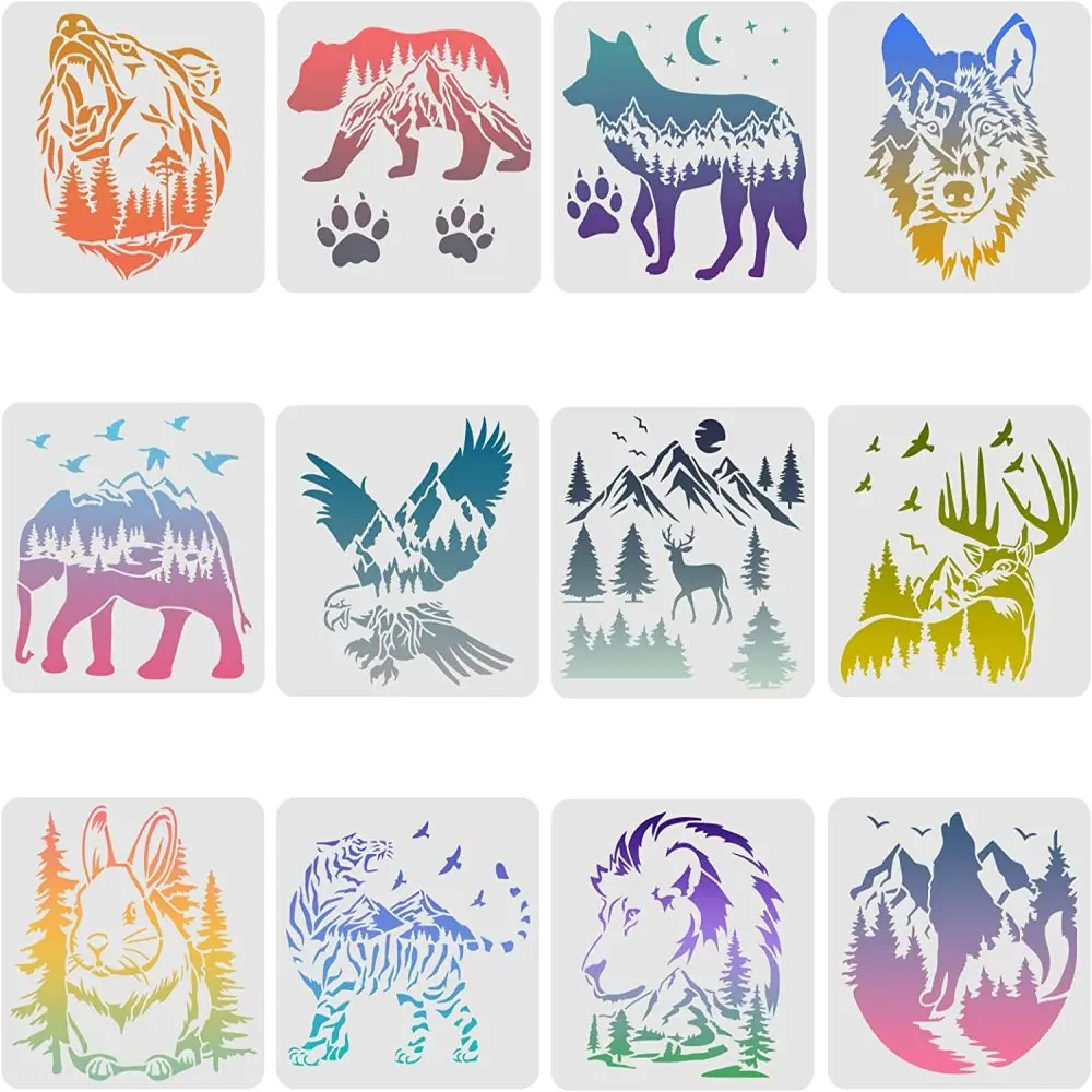 12PCS Bear Deer Eagle Rabbit Wolf Stencils Tiger Elephant Claw Animal Stencil for Drawing Wildlife Painting on Wood Fabric Canva