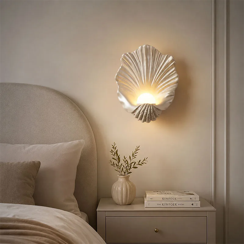 Wireless Rechargeable Seashell Wall Lamp With Remote No Wiring LED Resin Shell Wall Sconce Vintage Bedroom Bedside Decor Light