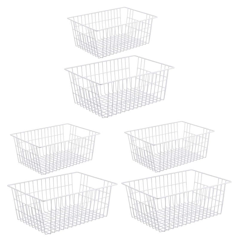 

6 Pack Wire Storage Baskets, Farmhouse Metal Wire Basket Freezer Storage Organizer Bins With Handles(White)