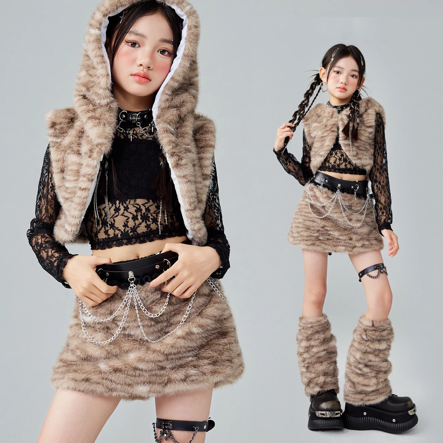 

Костюм для бальных танцев группы черлидинга, детская одежда в стиле хип-хоп, меховая одежда для джазовых танцев для девочек, детские костюмы K-pop XS10747