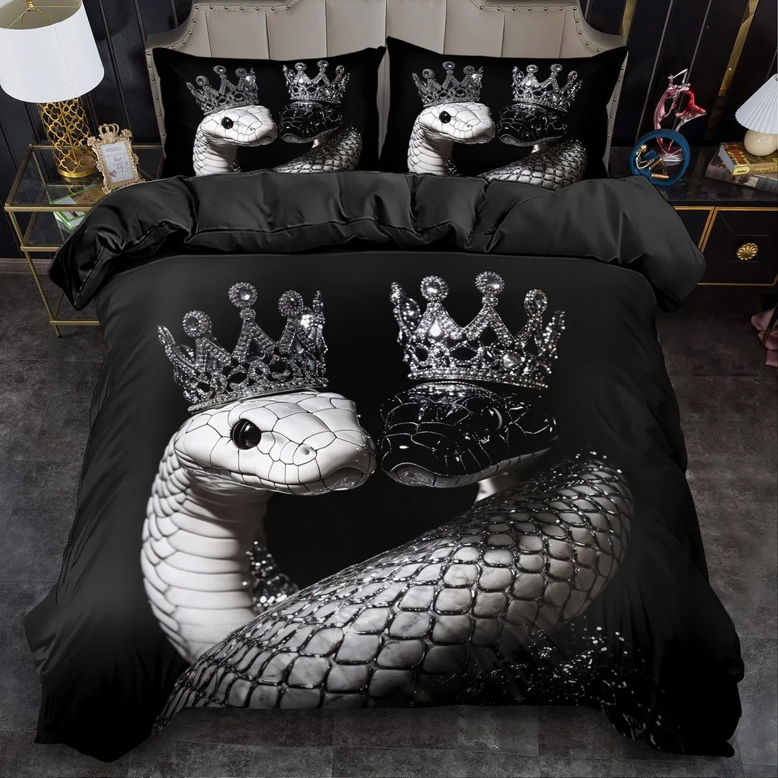 

Gothic Black White Snake Print Duvet Cover Set King Queen Size Bedding Machine Washable Quilt Decor for Bedroom